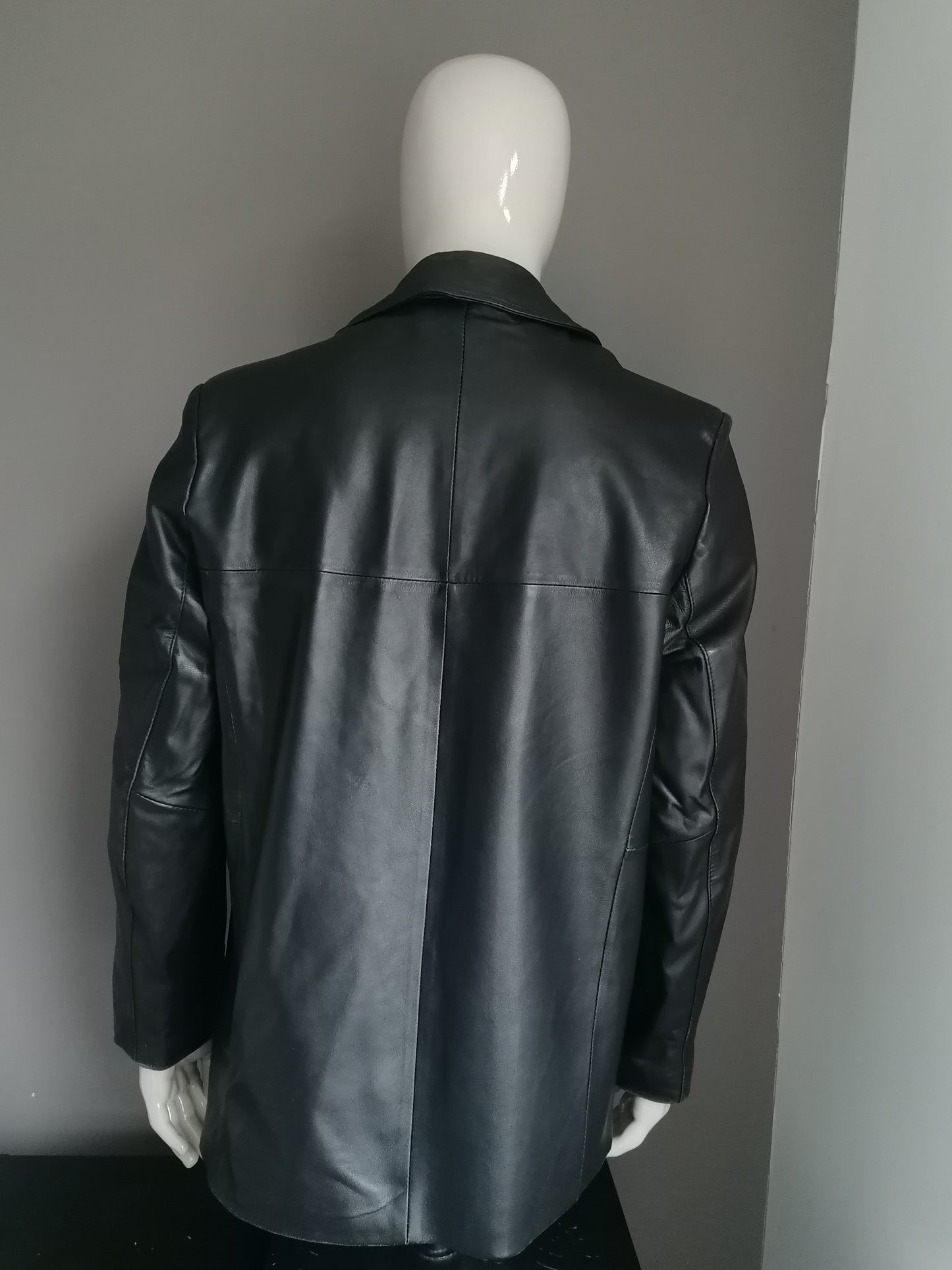 L&B Leather fashion leather jacket with buttons. Black smooth soft leather. Size 54 / L.