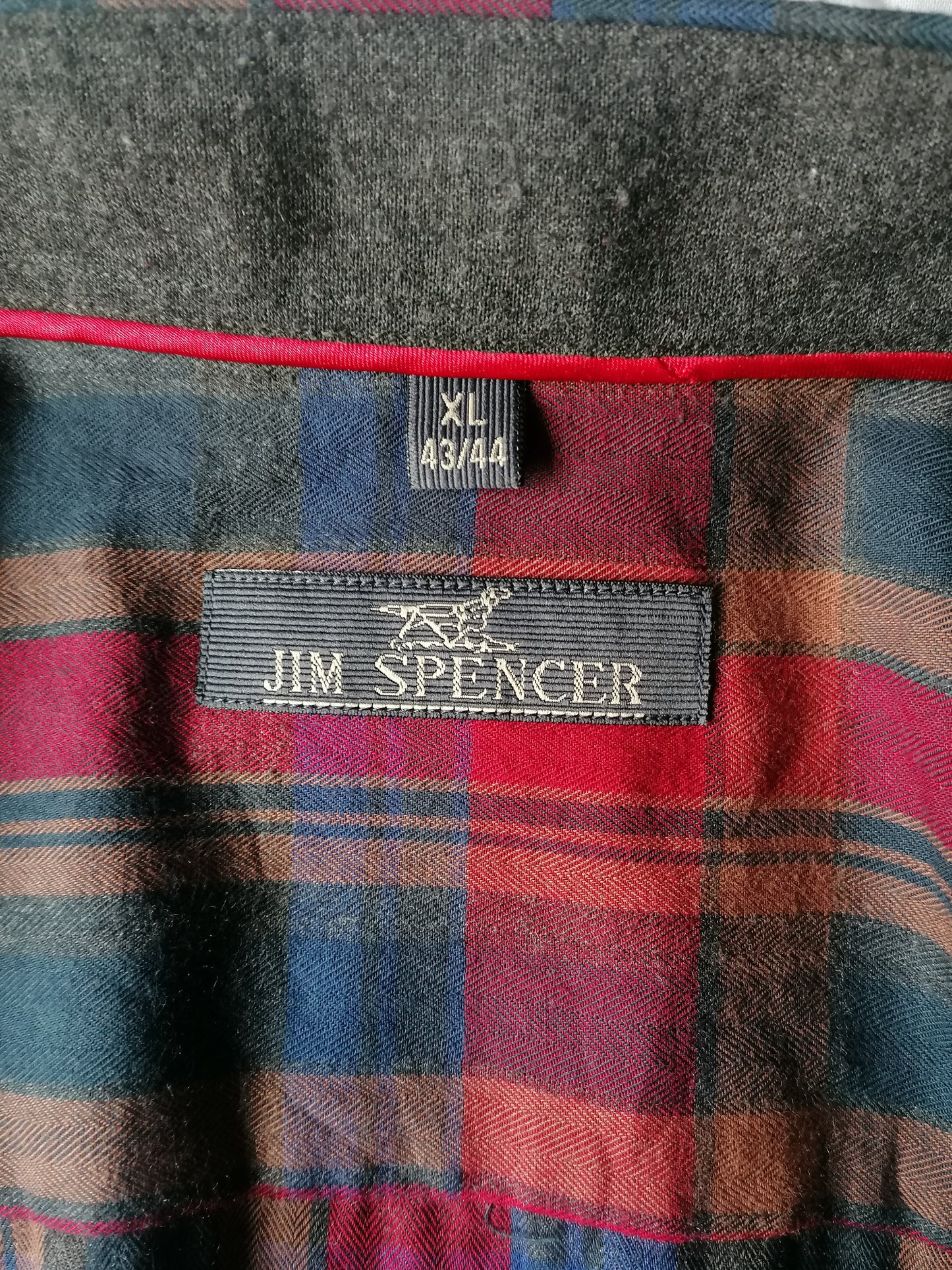Jim Spencer overhemd. Rood Blauw Bruin geruit. Maat XL.