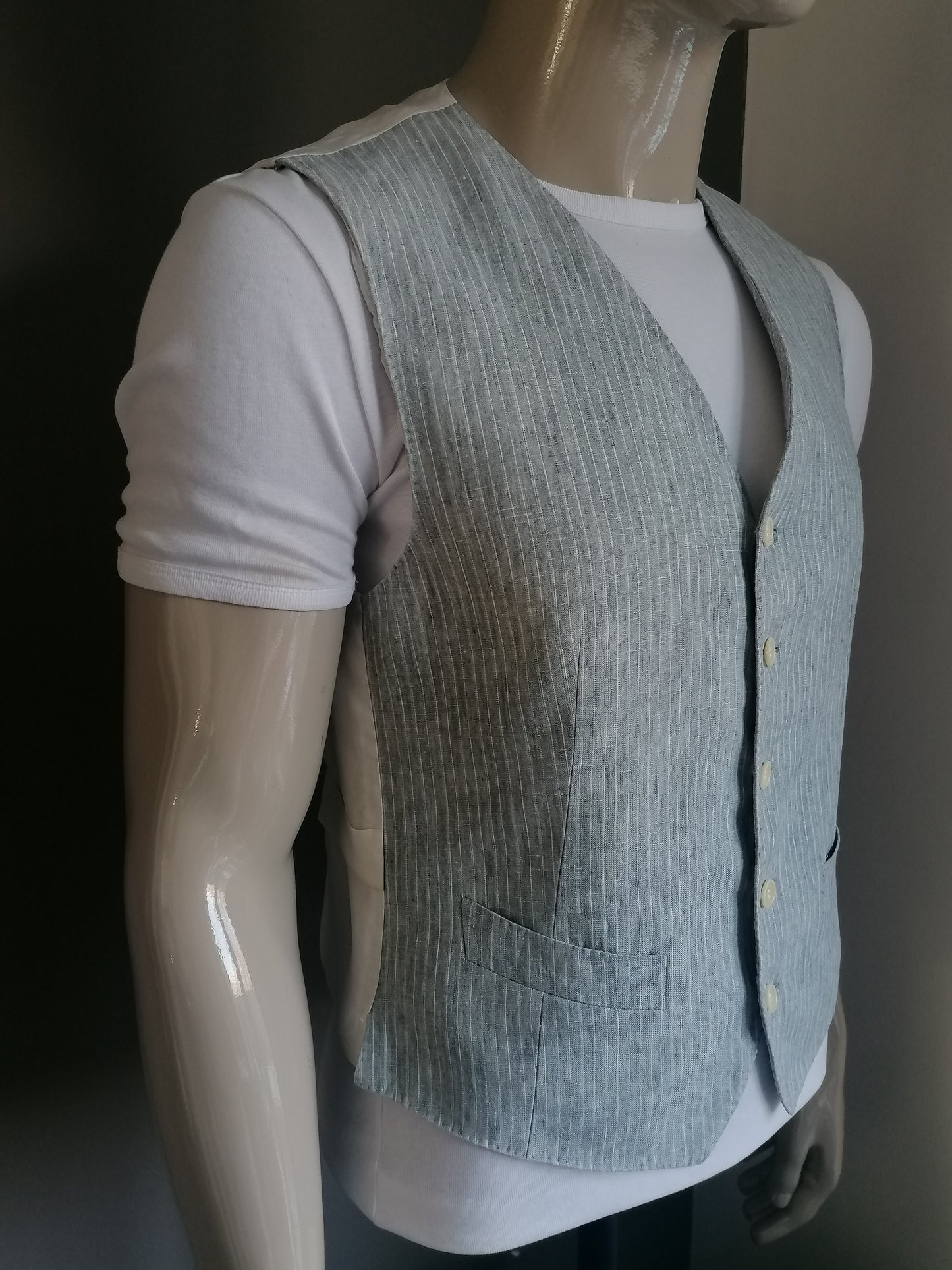 Linen waistcoat. Gray beige blue striped. Size S / 48.