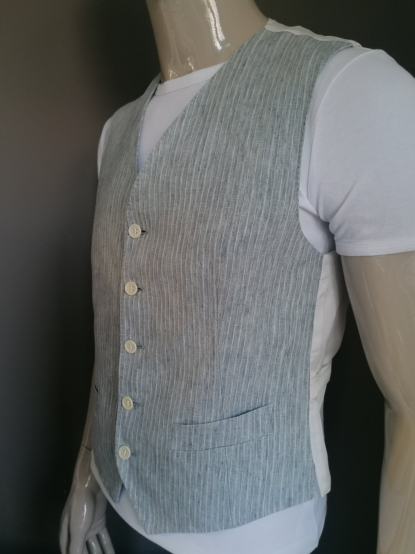 Linen waistcoat. Gray beige blue striped. Size S / 48.