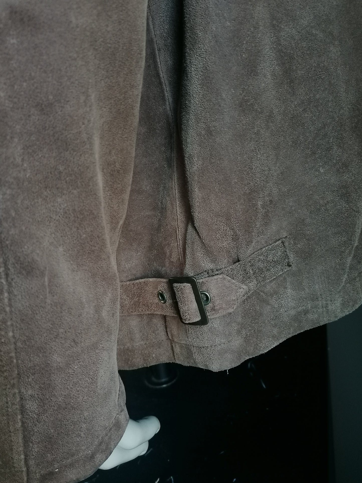 All Size halflange Leren jas met afneembare kraag. Bruin gekleurd. Maat XXXL / 3XL.
