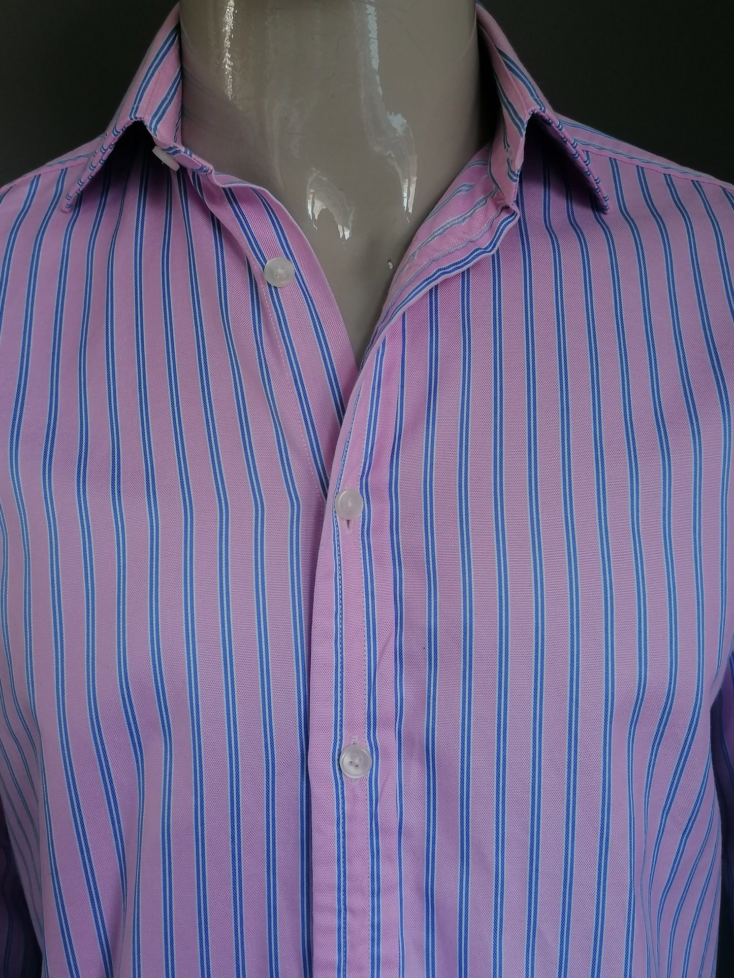 Thomas Pink overhemd. Roze Blauw Wit gestreept. Maat 38 / M. type Manchetknoop.