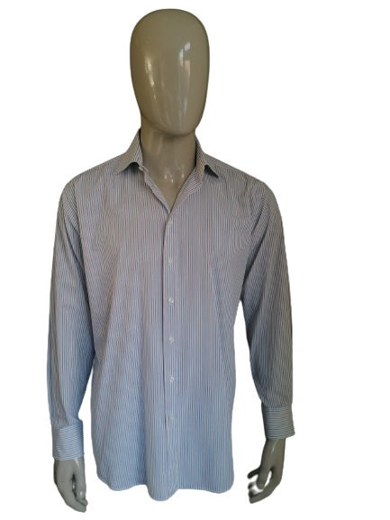 Camisa de Bijenkorf. Azul blanco marrón rayado. Tamaño 41 / L.