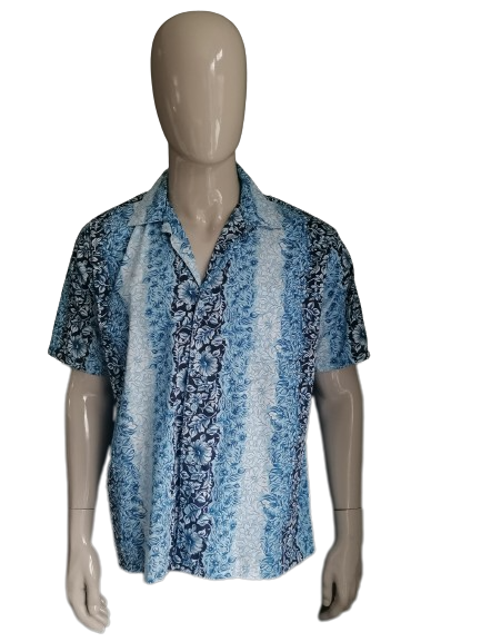 Vintage Le Frog Hawaii overhemd korte mouw. Blauw Witte print. Maat XL.