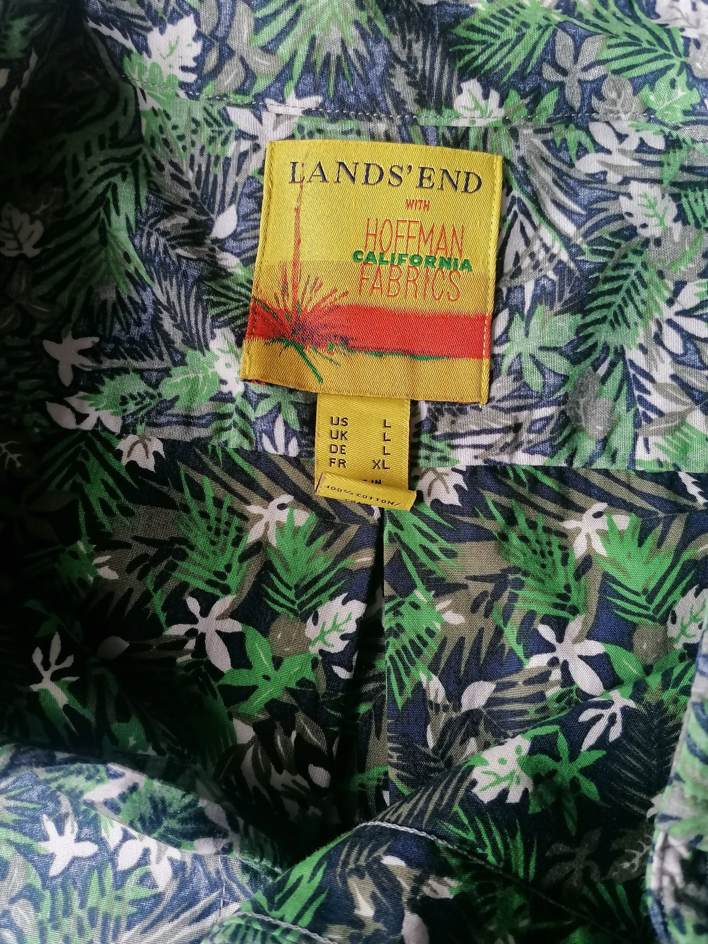 Lands' End overhemd korte mouw. Groen Grijs Blauwe print. Maat XL.