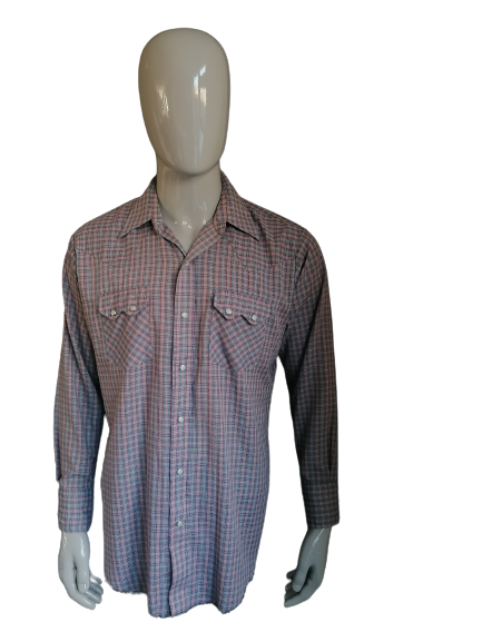 Vintage 70's dee cee fire shirt with press studs and point collar. Red pink blue checked. Size XL.