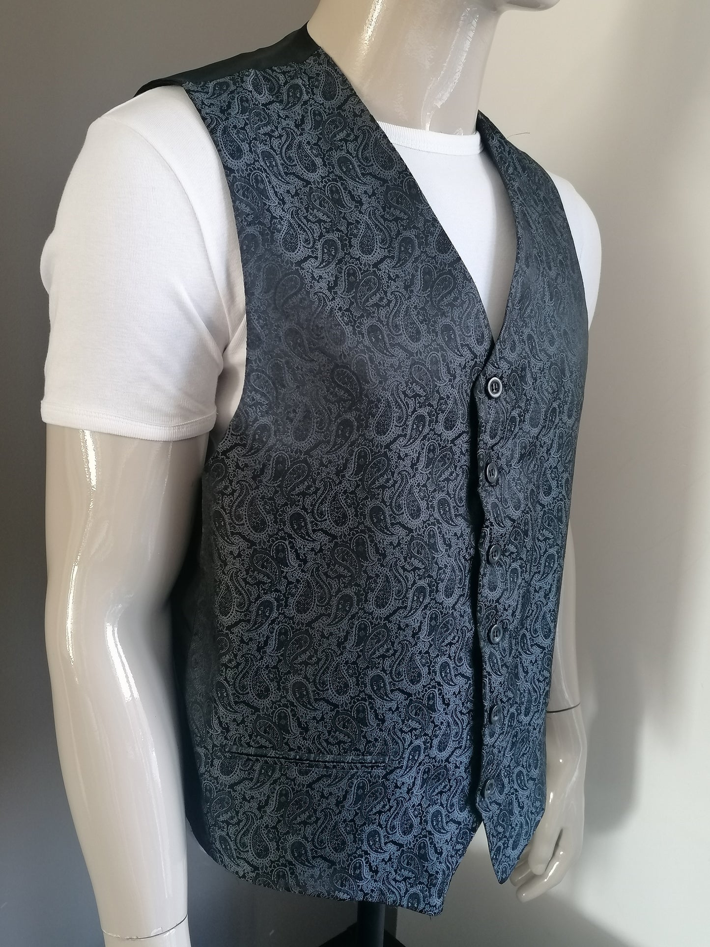 Vintage waistcoat. Gray Glossy Paisley Print. Size XL.