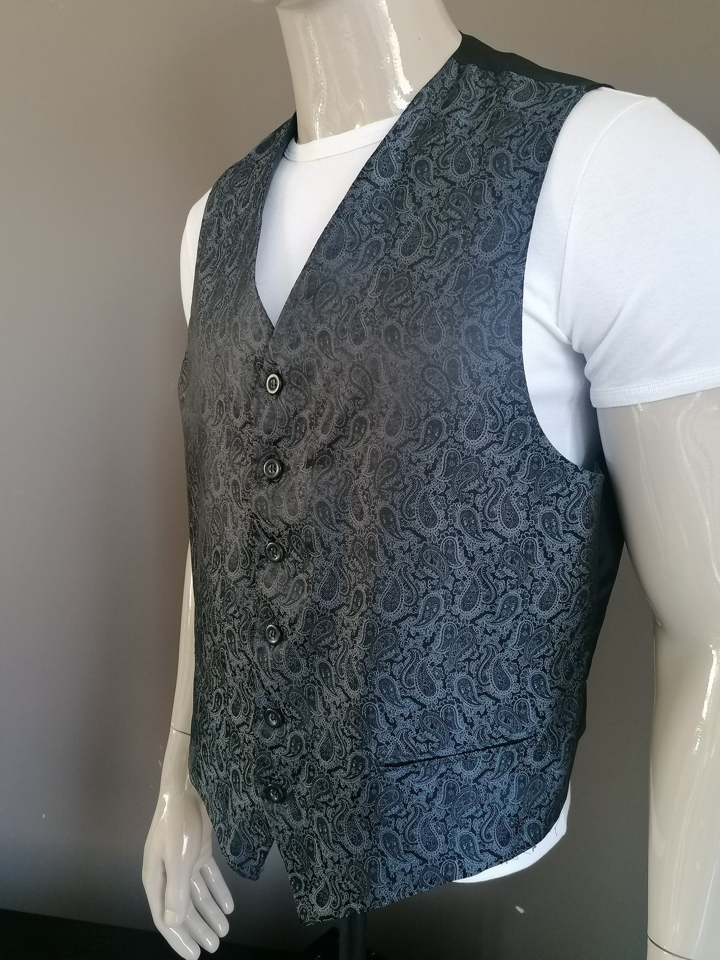 Vintage waistcoat. Gray Glossy Paisley Print. Size XL.