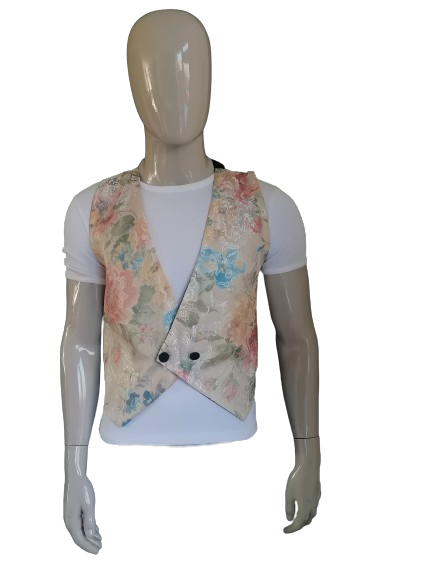 Vintage ungewöhnliche kurze Weste. Beige-Rosa-Blau-Grün-Blumendruck. Größe M.