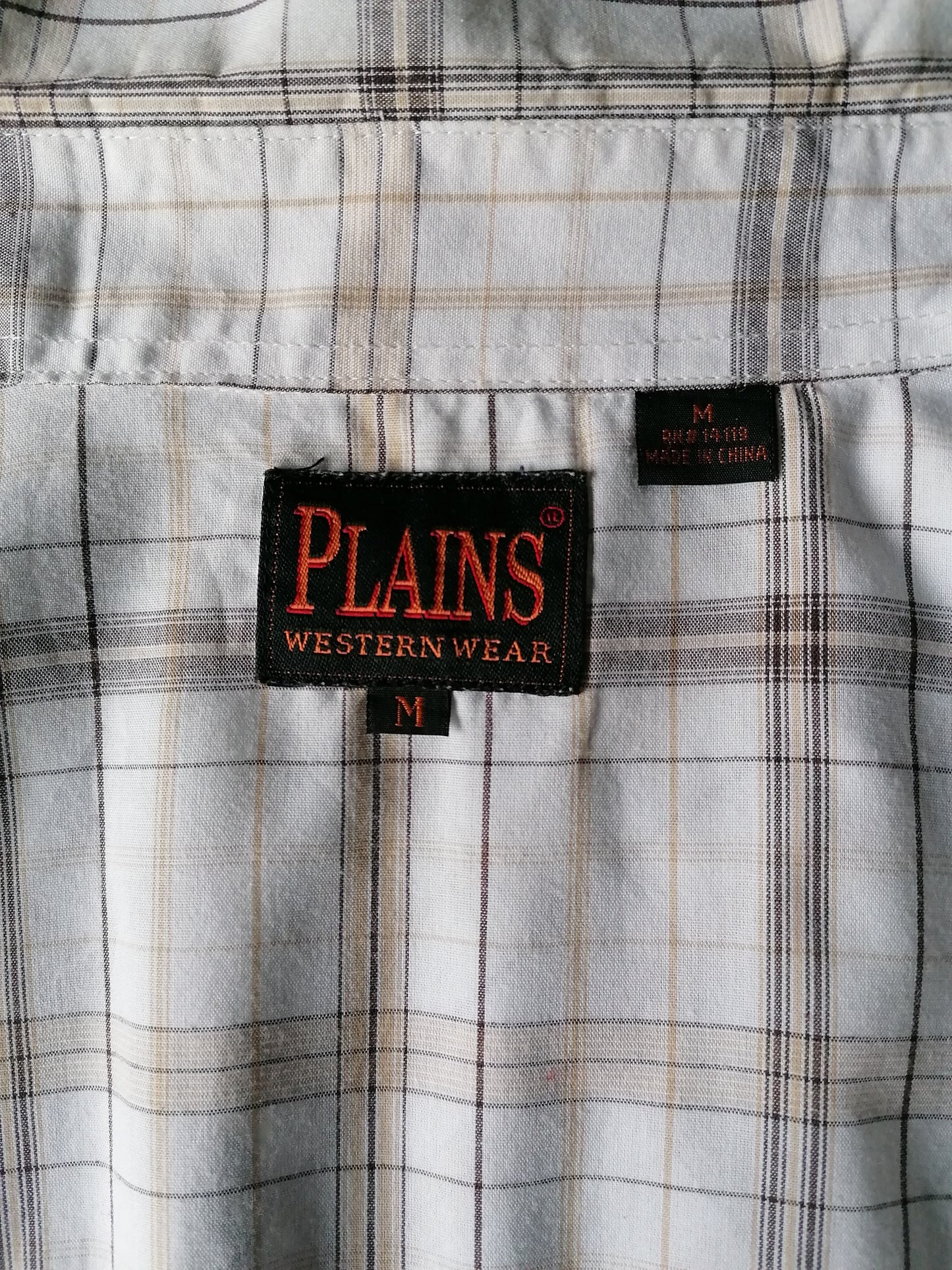 Plains Western Style overhemd. Beige Bruin Wit geruit. Maat M. drukknopen.