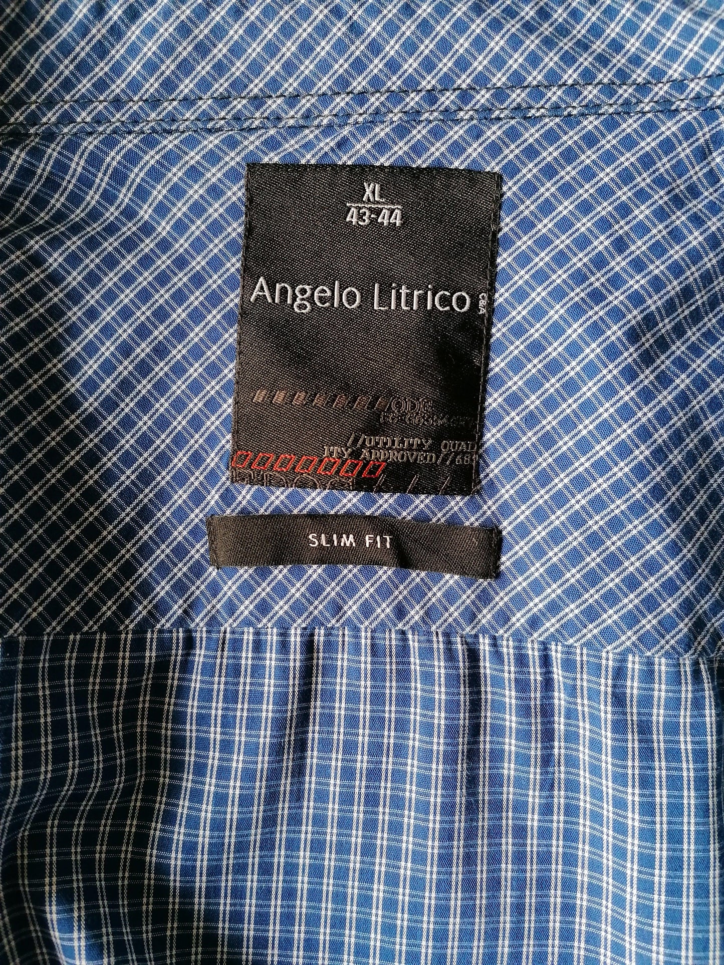 Angelo Litrico overhemd. Blauw Wit geblokt. Maat XL. Slim Fit - EcoGents